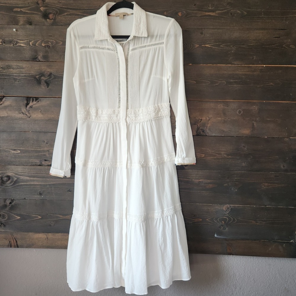 Burberry Brit Midi Maxi Tiered Dress White Size‎ US 4 Long Sleeves Collared